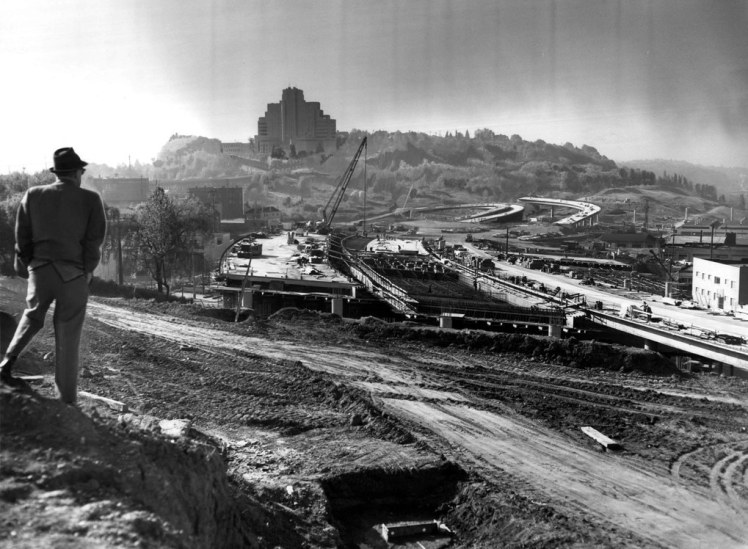 Construction of I-5 near what is today Yesler Terrace. (The Seattle Times)